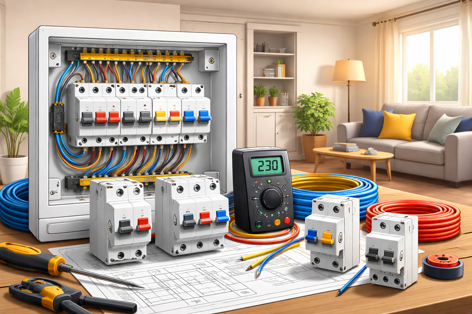 Different MCB current ratings labeled for residential electrical circuits