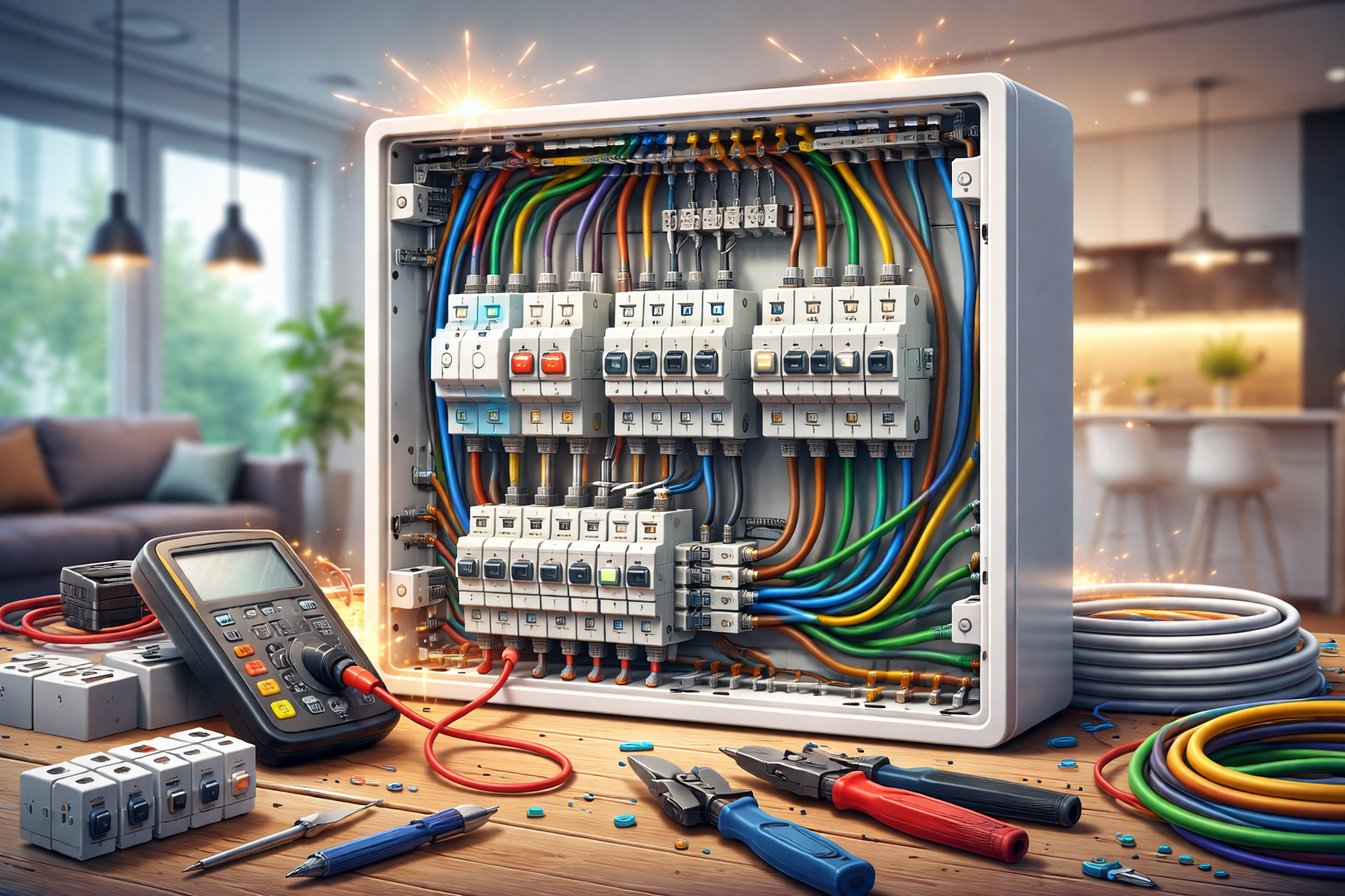 Home electrical distribution board with circuit breakers and safety devices