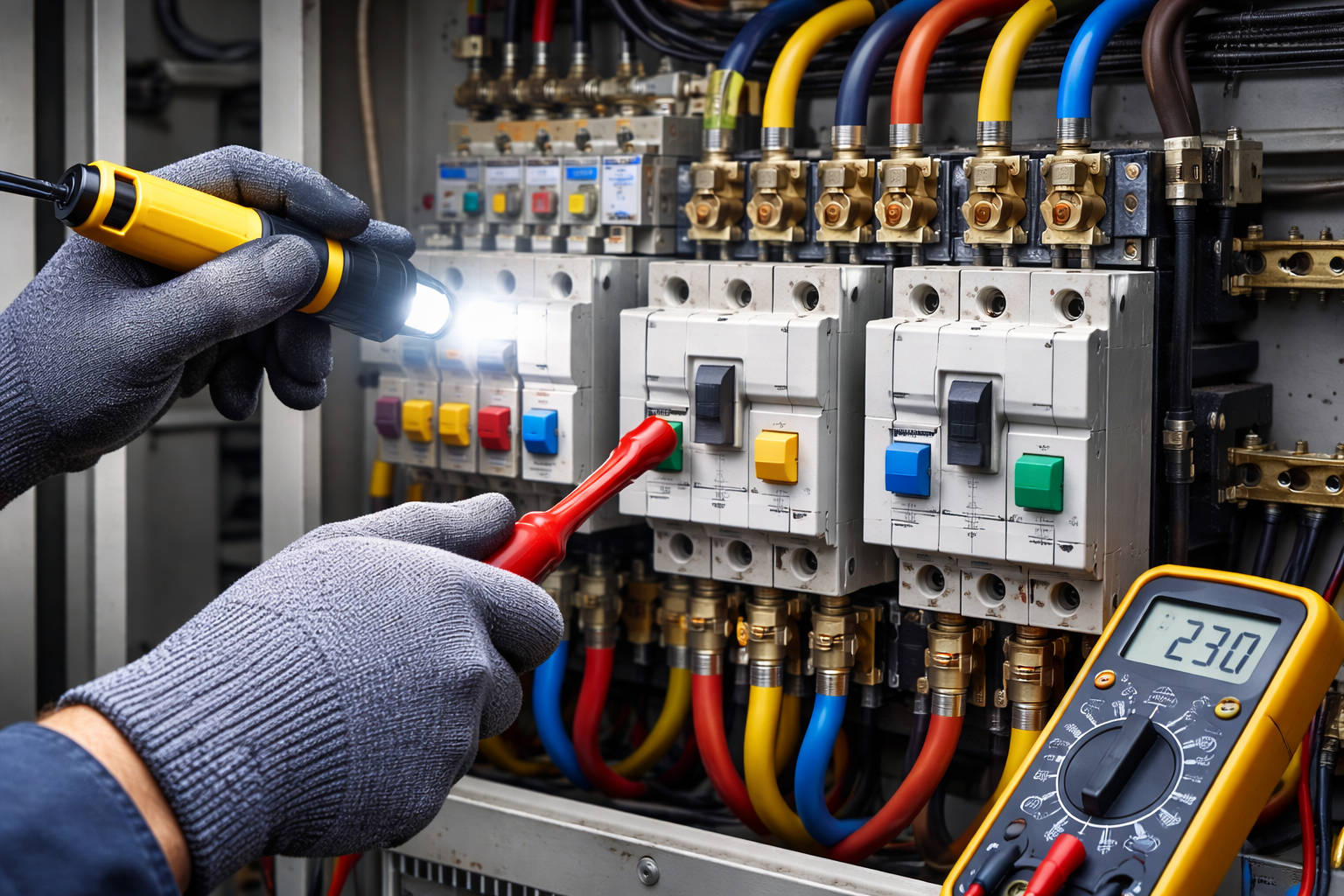 Industrial switchgear panel with circuit breakers and protective relays